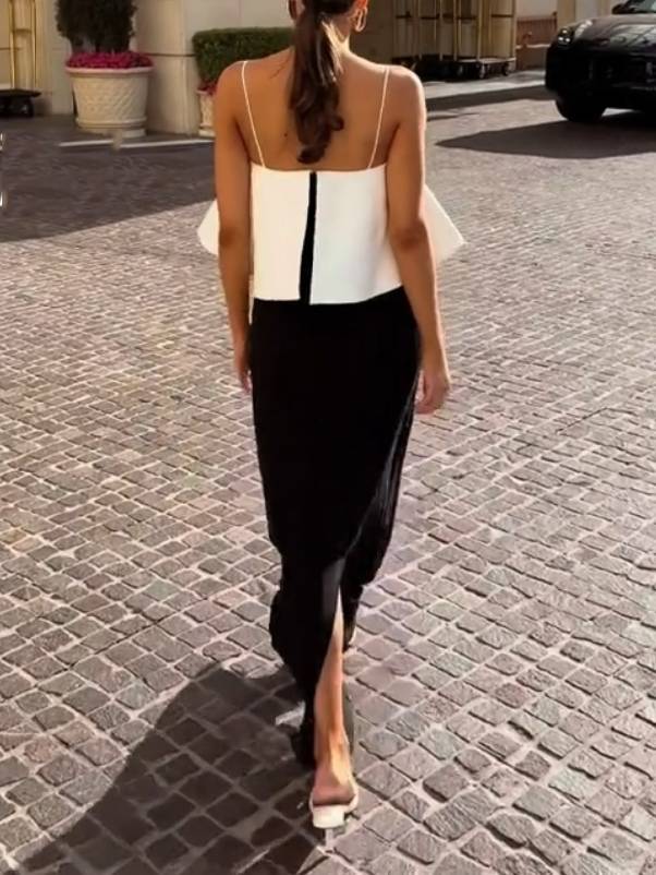 Black And White Color Contrast Fake Two-piece Sling Dress