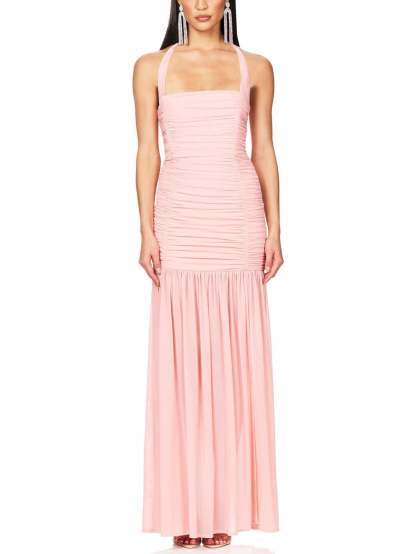 Elegant Halterneck Pleated Hip-Hugging Maxi Dress