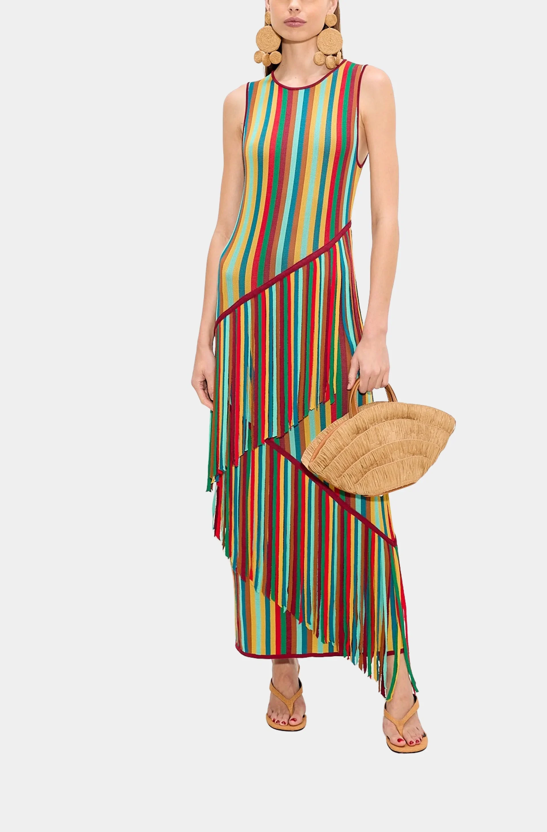 Striped Fringe Sleeveless Knit Maxi Dress with Tiered Tassels