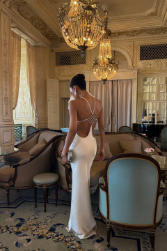 Champagne Gold Halter Neck Maxi Dress With Geometric Chain Back - Luxe Satin Evening Gown
