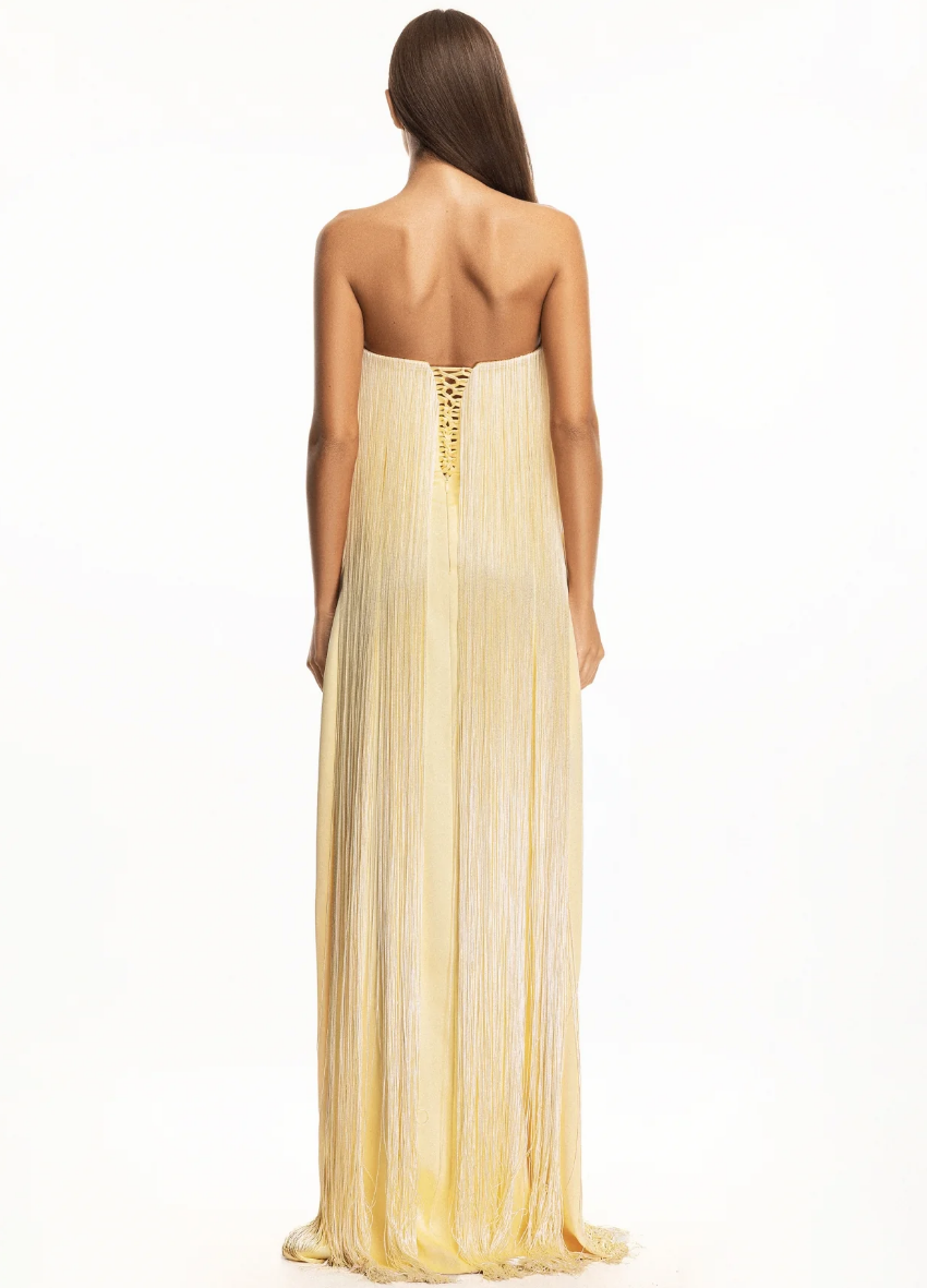 Elegant Strapless Fringe Formal Maxi Dress