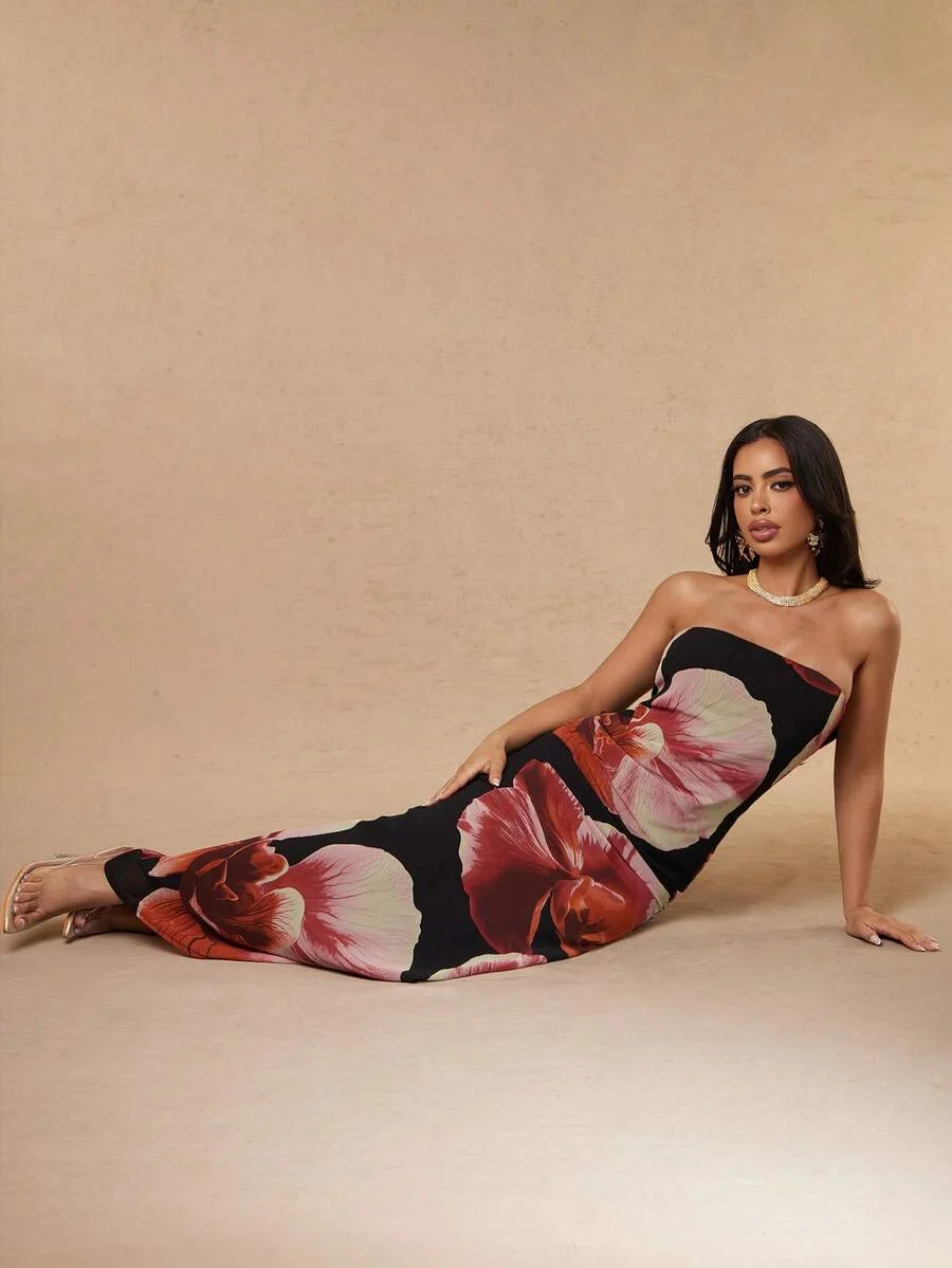 Strapless Floral Print Slim Fit Tube Column Maxi Dress