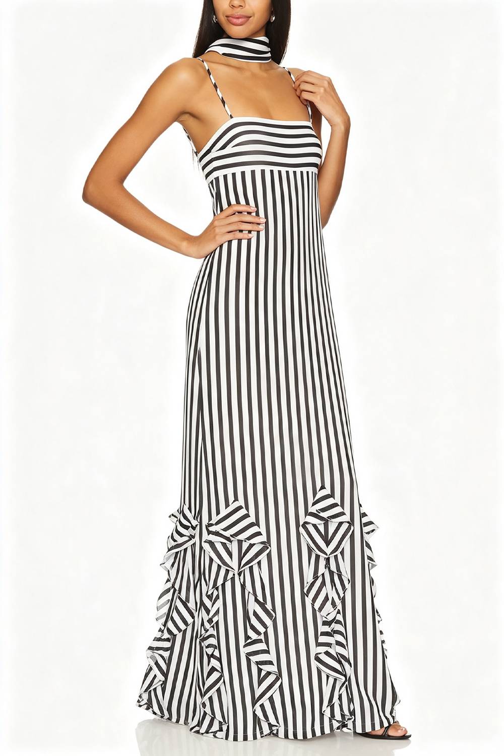 Vacation Striped Strap Ruffled Long Dress