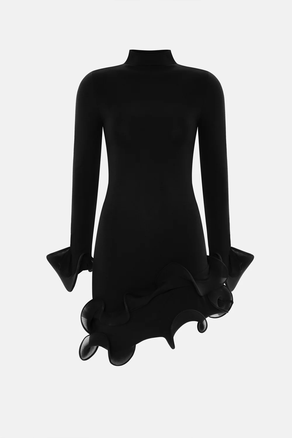 Black High Neck Long Sleeve Sculptural Petal Hem Mini Bodycon Dress [erp-image:a2377b66bea4c2c144e9eced]