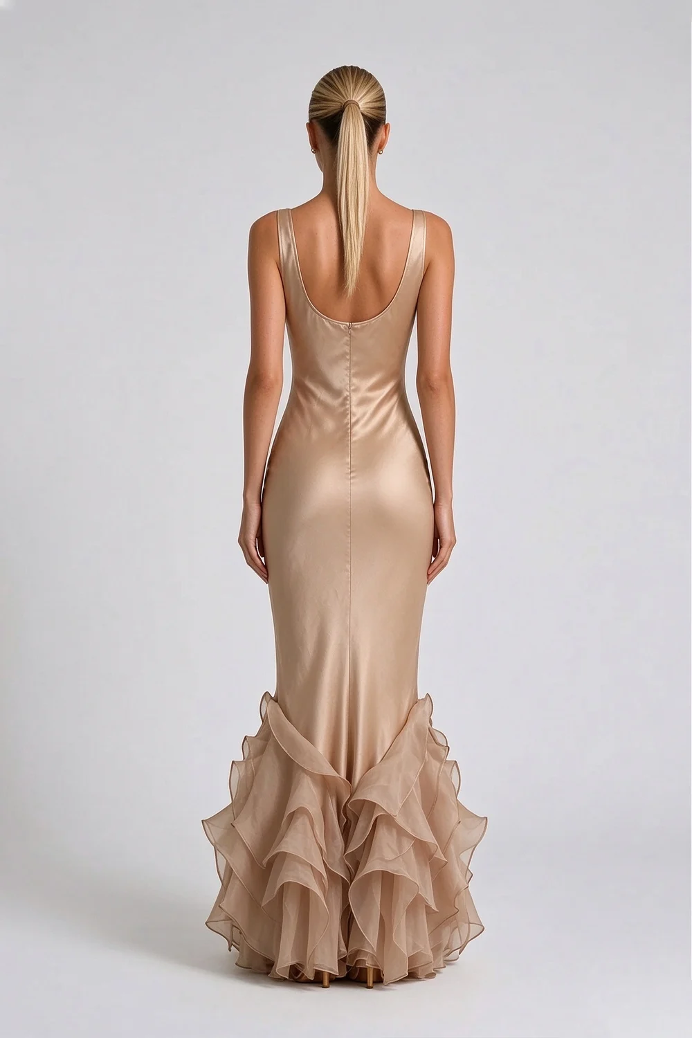 Champagne Satin Sleeveless Scoop Neck Ruffle Mermaid Maxi Evening Dress [erp-image:819de61ce224c1416a268b67]