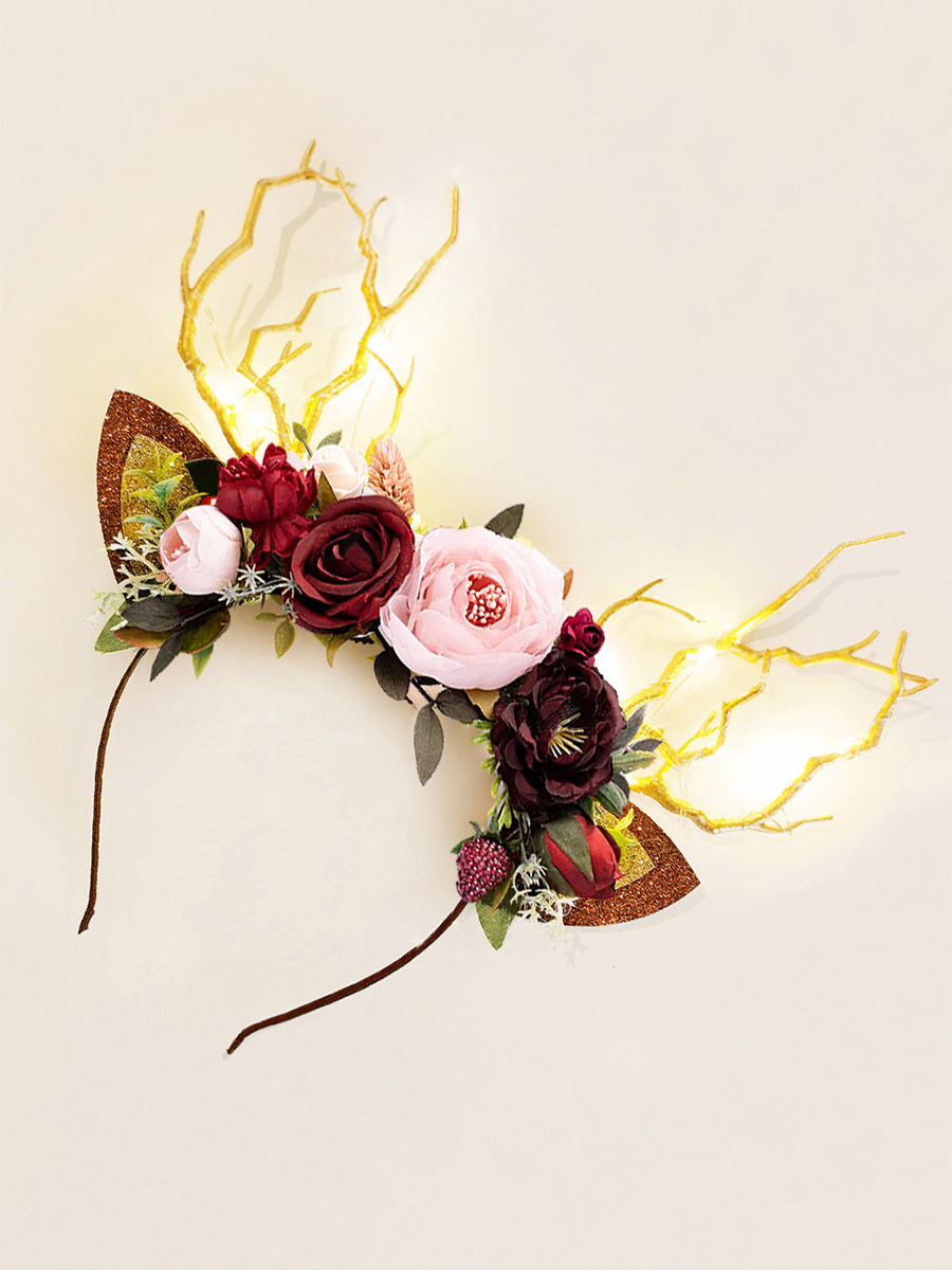 Burgundy Flower Christmas Reindeer Headband