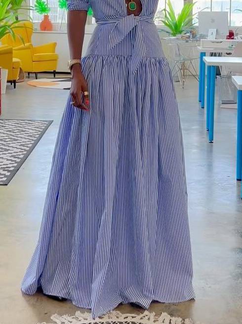 Striped Stand Collar Shirt And Skirt Suit-Skirt