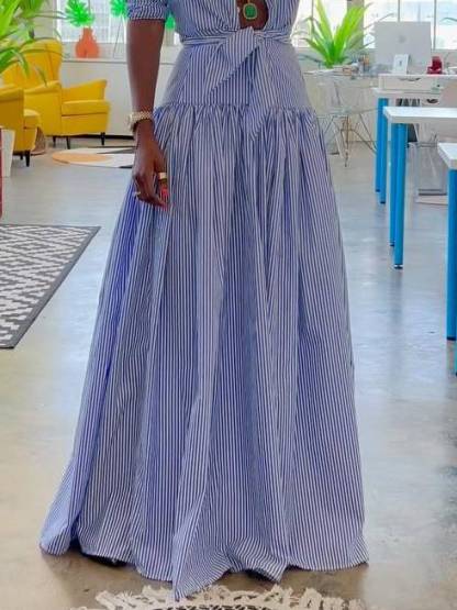 Striped Stand Collar Shirt And Skirt Suit-Skirt