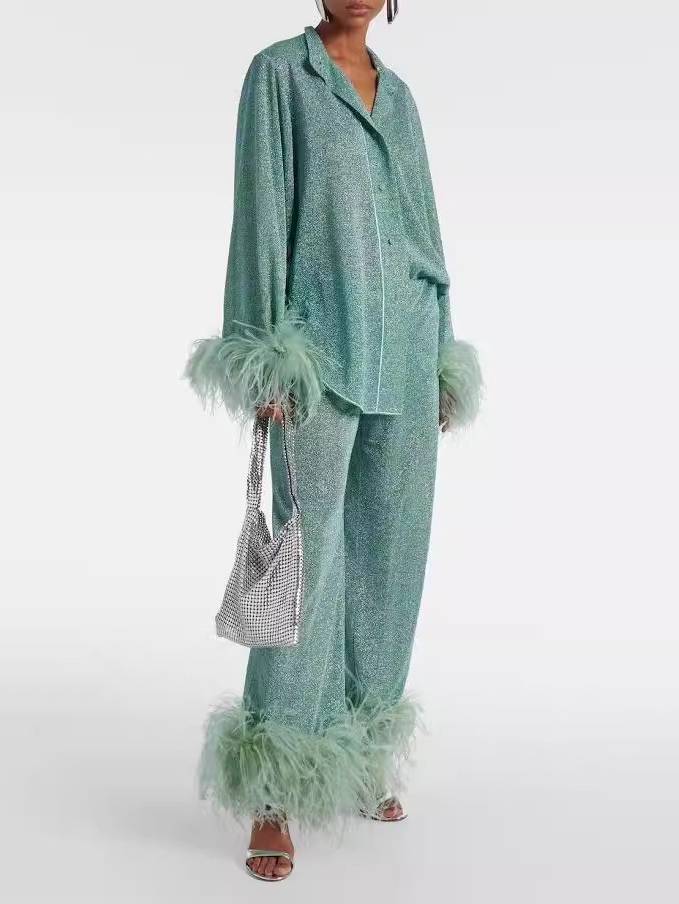 Feather Stand Collar Shirt Wide-leg Pants Suit