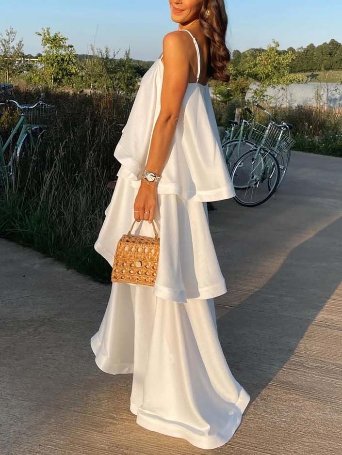 Elegant Three-layer Ruffle Sling Maxi Dress