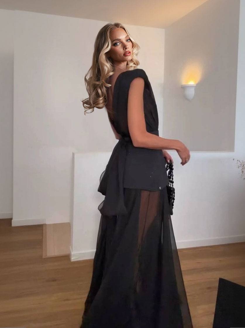 Unique Belt Perspective Skirt Maxi Dress