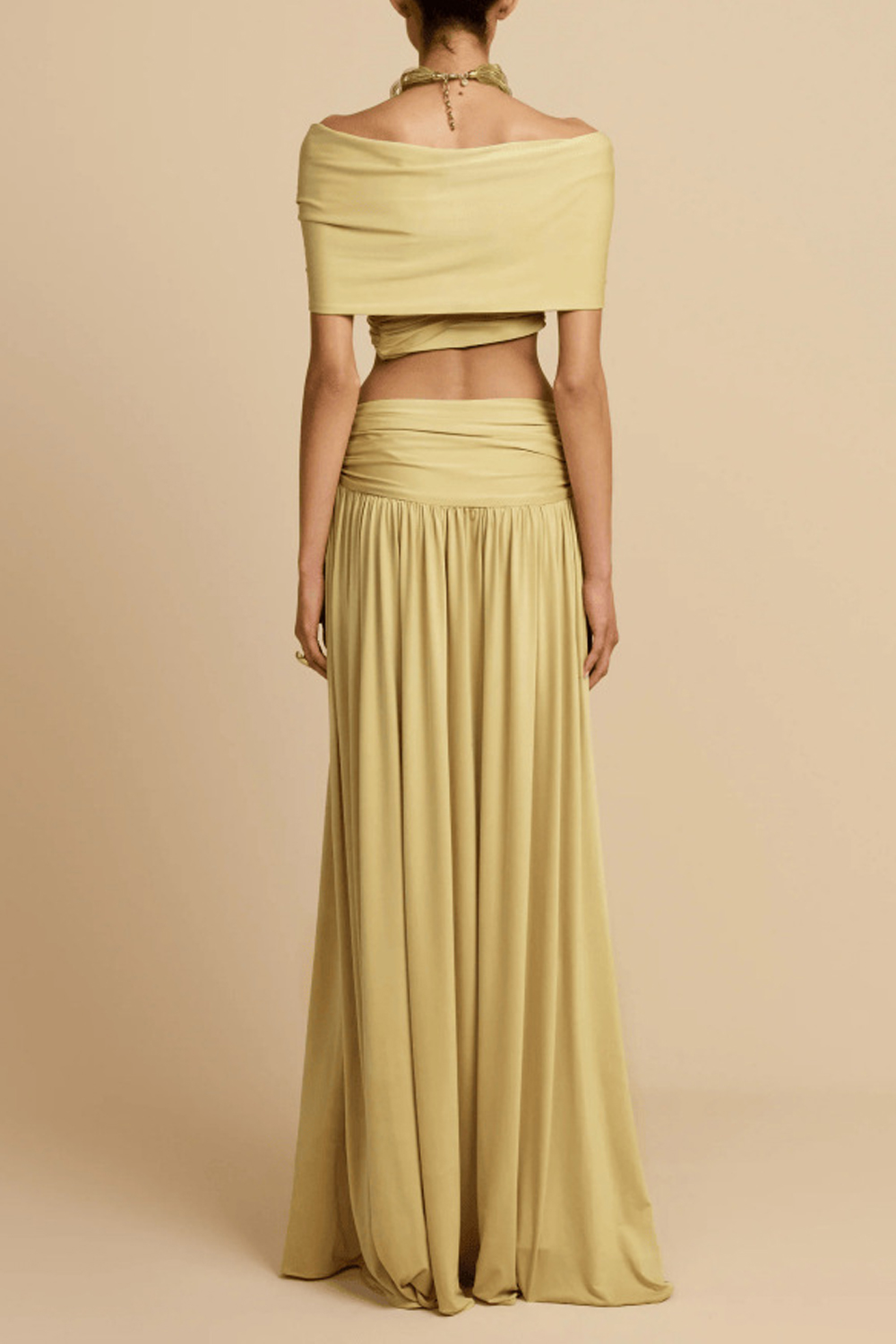 Two-piece Off-shoulder Kink Crop Top High-waist Floor-length Dress