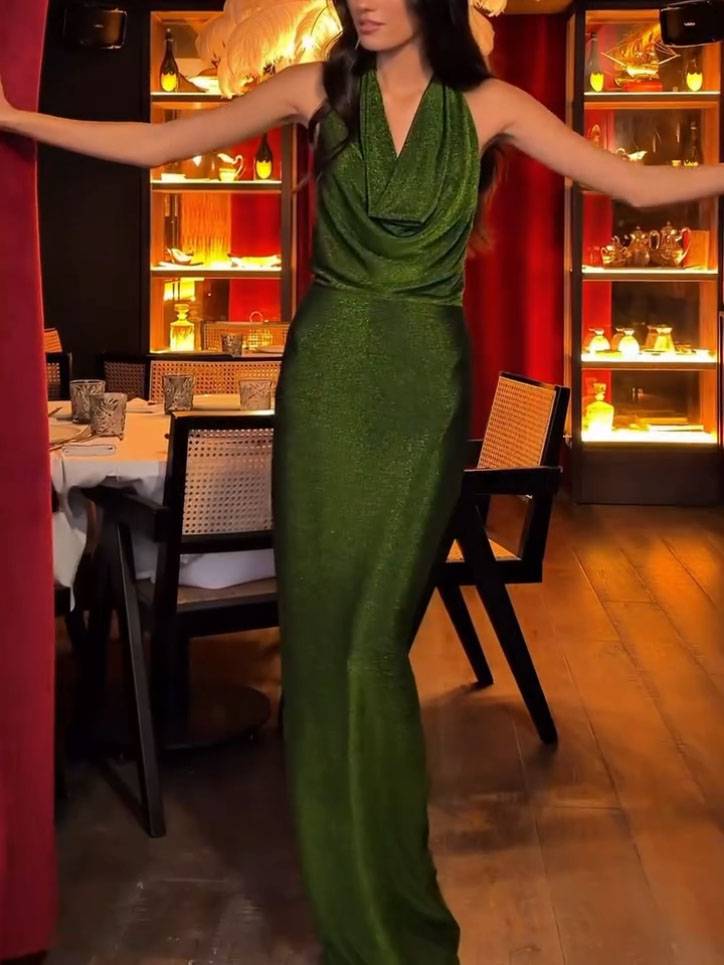 Swing-Collar Shiny Slim-Fit Maxi Dress