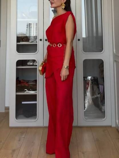 Off-shoulder Top And Wide-leg Pants Suit - Top