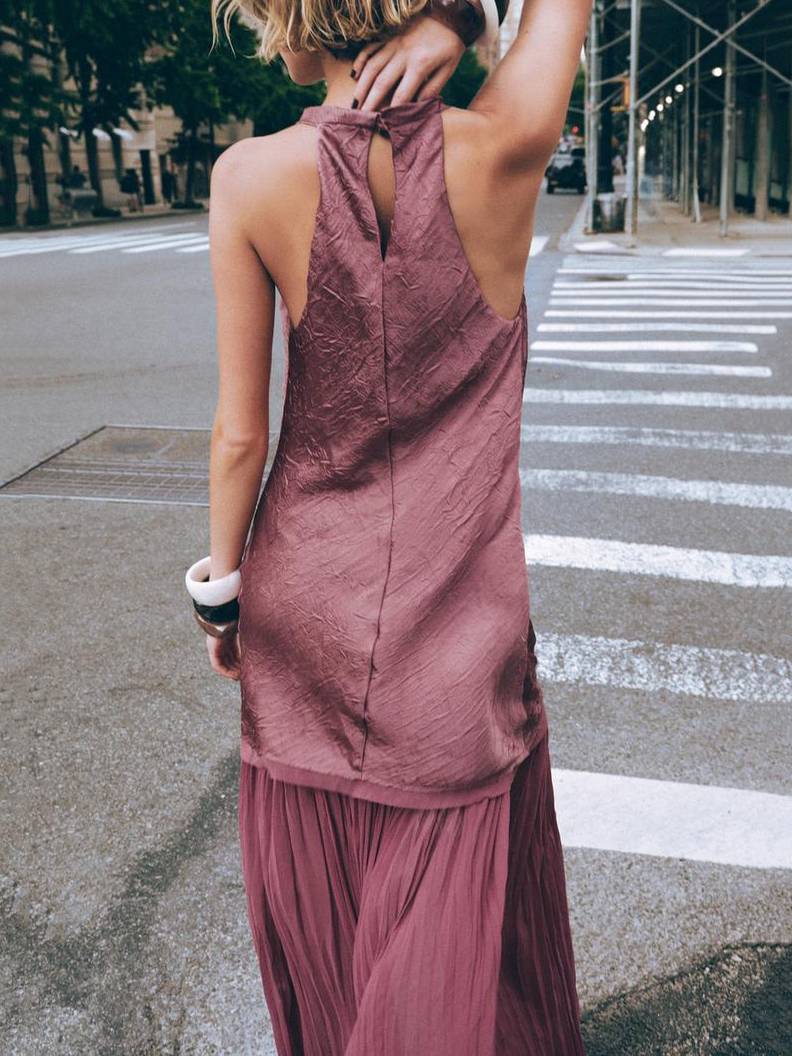Irregular Pleated Design Swing Collar Stitching Maxi Dress