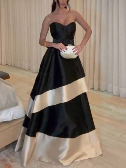 Tube Top Color Contrast High Waist A- Line Maxi Dress