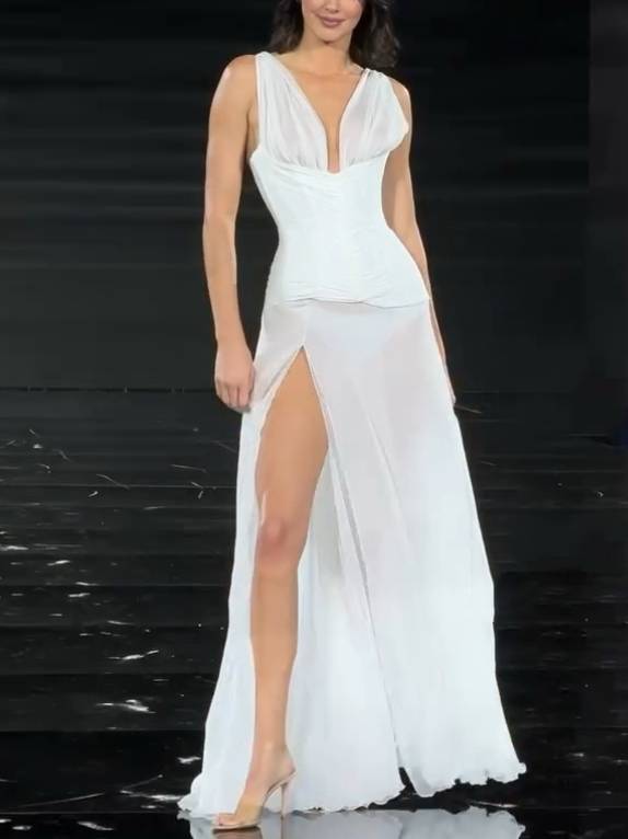 V-Neck Slim-Fit Side Slit Maxi Dress