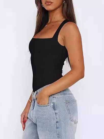 Minimalist Square Collar Suspenders Bodysuit