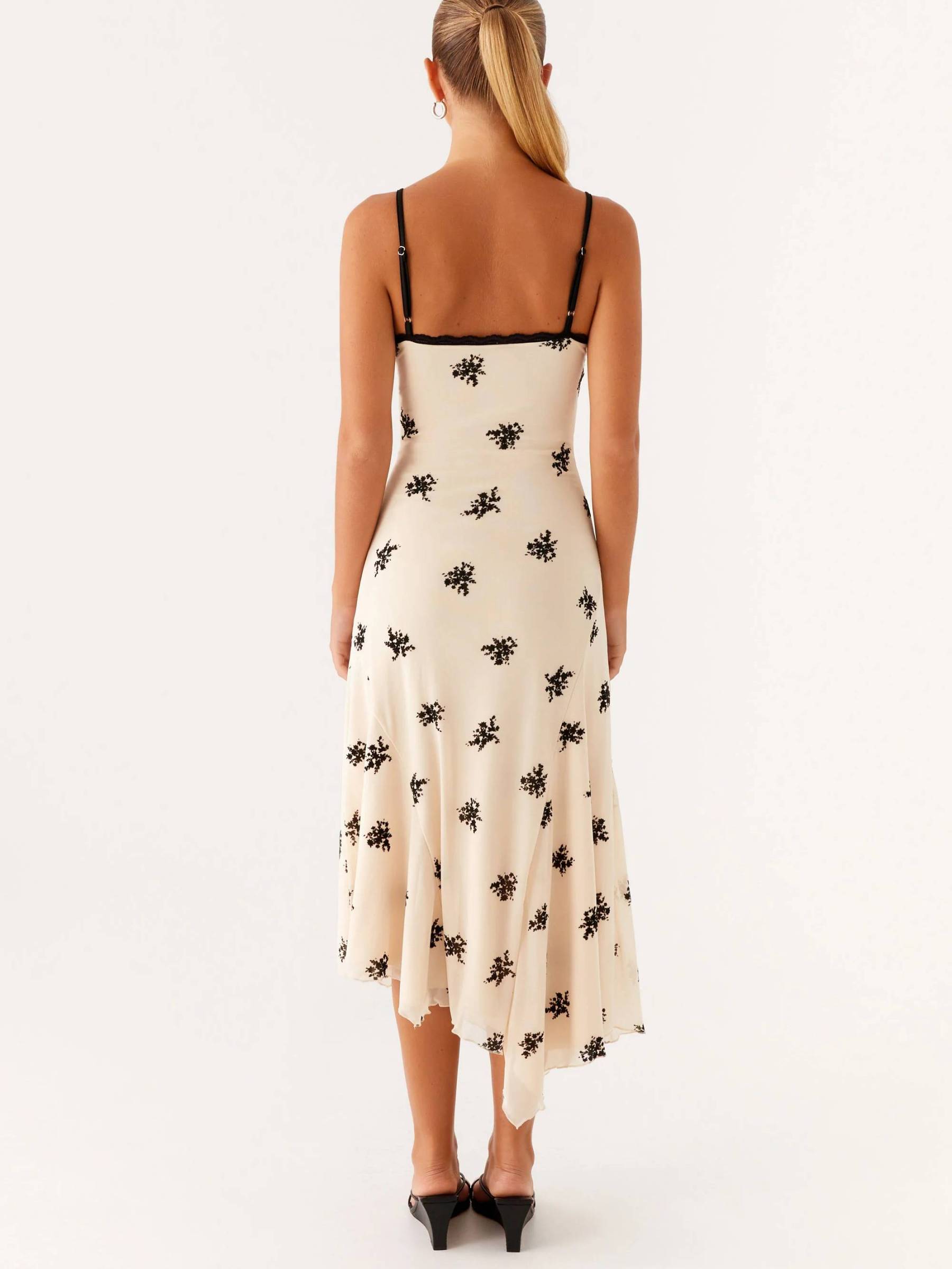 Lace-edged Floral Sling Midi Dress