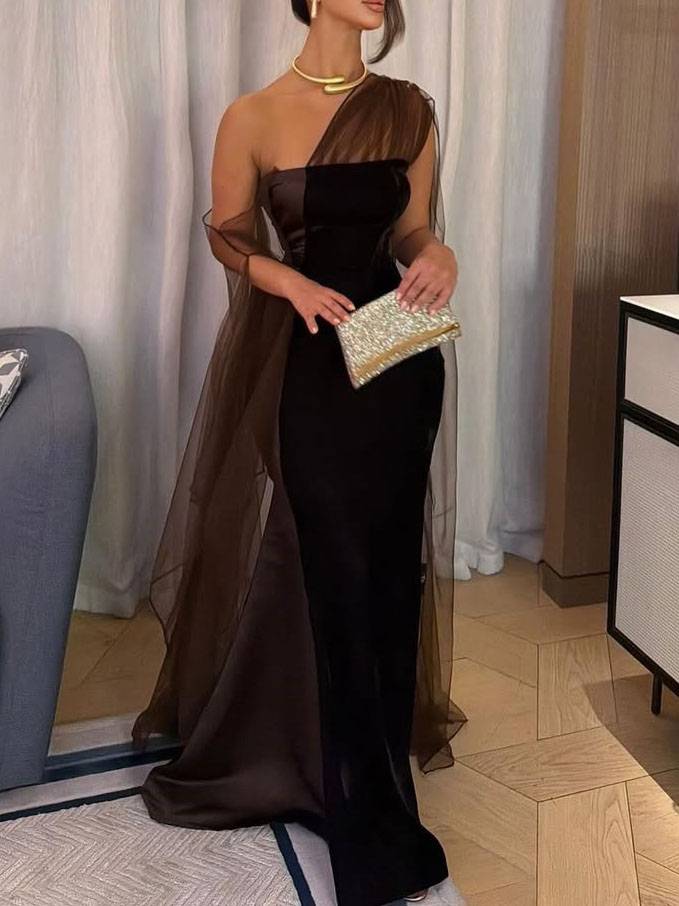 Tulle Ribbon Color Contrast Design Maxi Dress