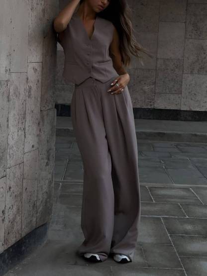 V-neck Vest Wide-leg Trousers Casual Two-piece Suit