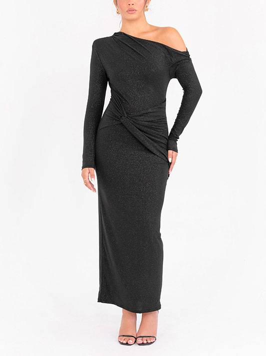 Shiny Off-Shoulder Pleated Maxi Dress