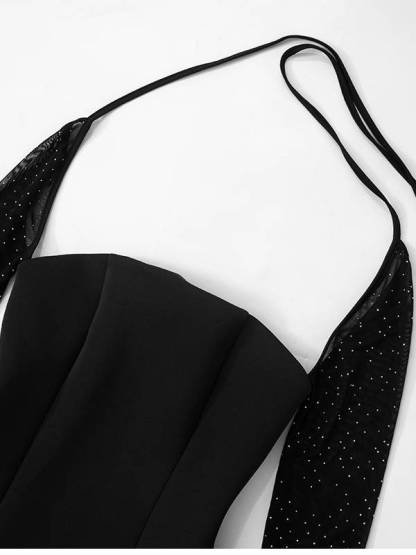 Flash Mesh Long Sleeve Back Lace-Up Mini Dress