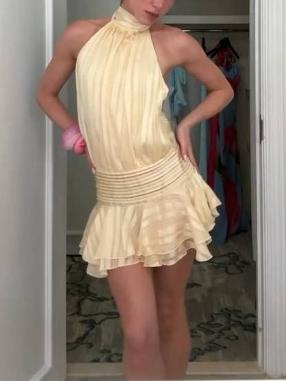 Halter Neck Ruffle Hem Mini Dress