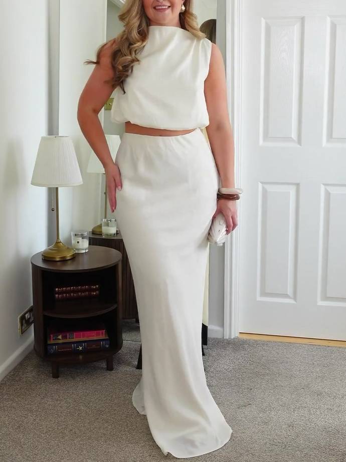 Minimalist Ribbon Top And Skirt Suit-Top