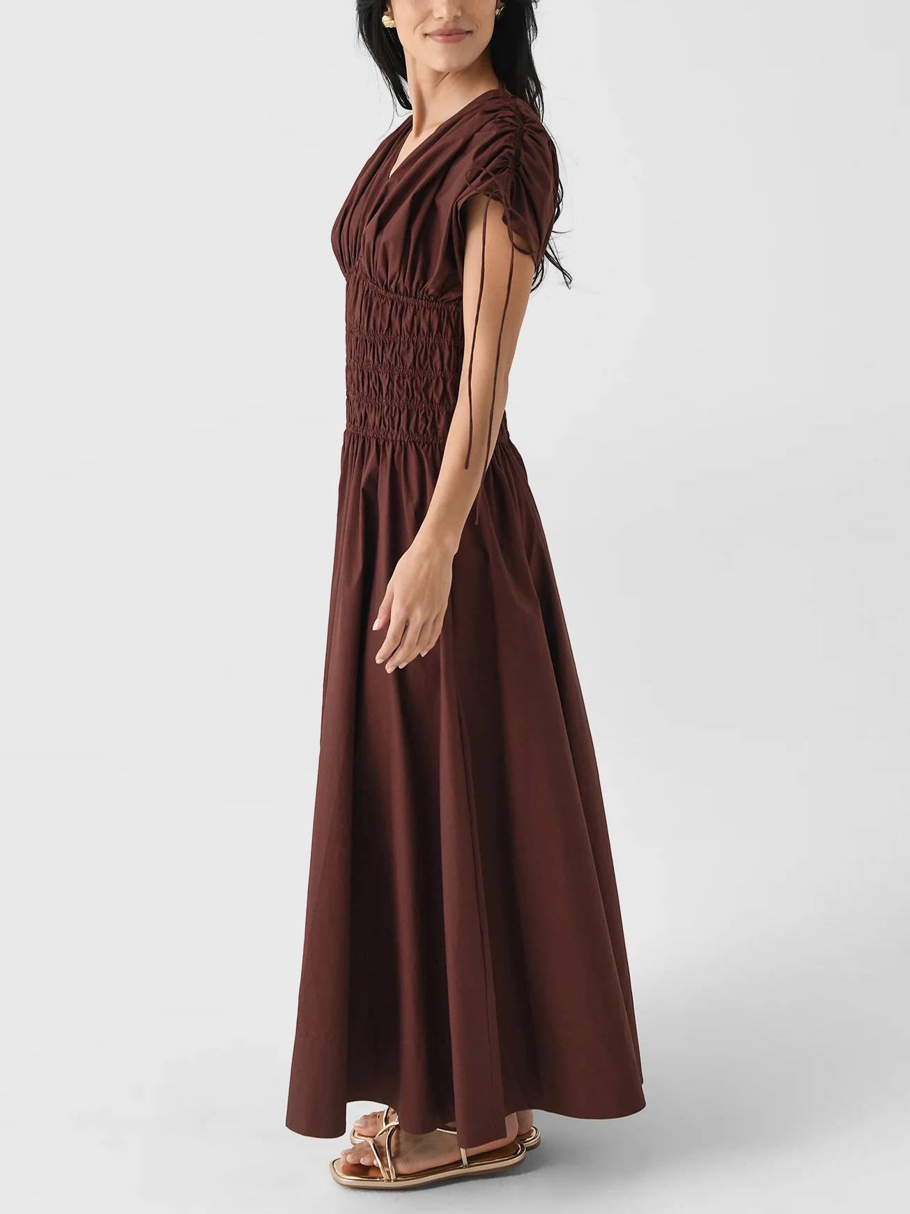 Vacation Style V-neck Pleated Maxi Dress