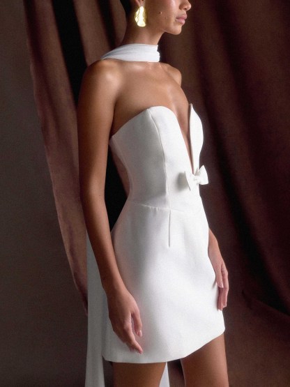 Deep V Bow-knot Scarf Mini Dress