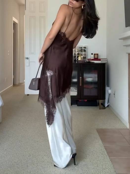 Lace Bevel Hem Sling Dress And Wide-leg Pants Suit - Pants