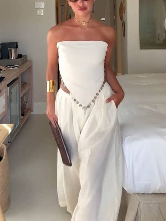 Tube Top Lace-Up Irregular Top And Wide Leg Pants Suit-Pants