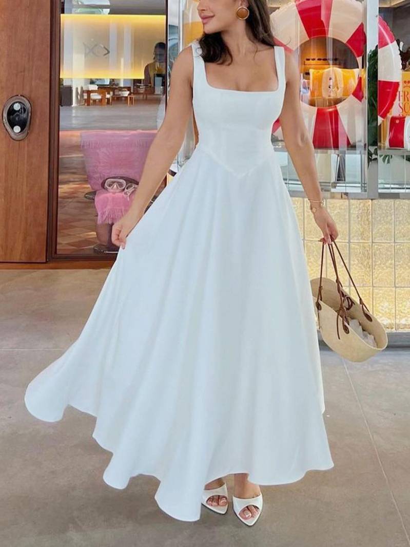 Elegant Sling Square Collar Large Swing MidI Dress