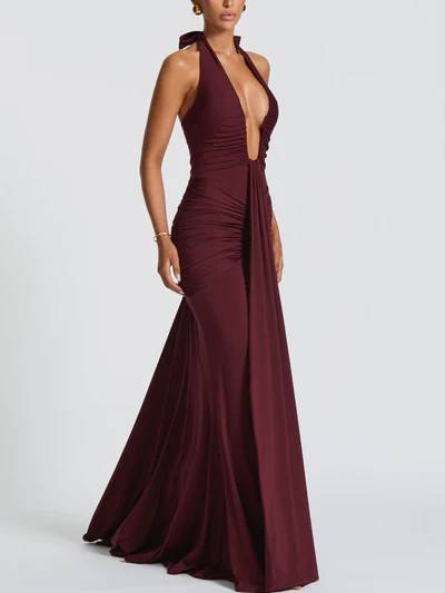 Halter Deep V-neck Pleated Maxi Dress