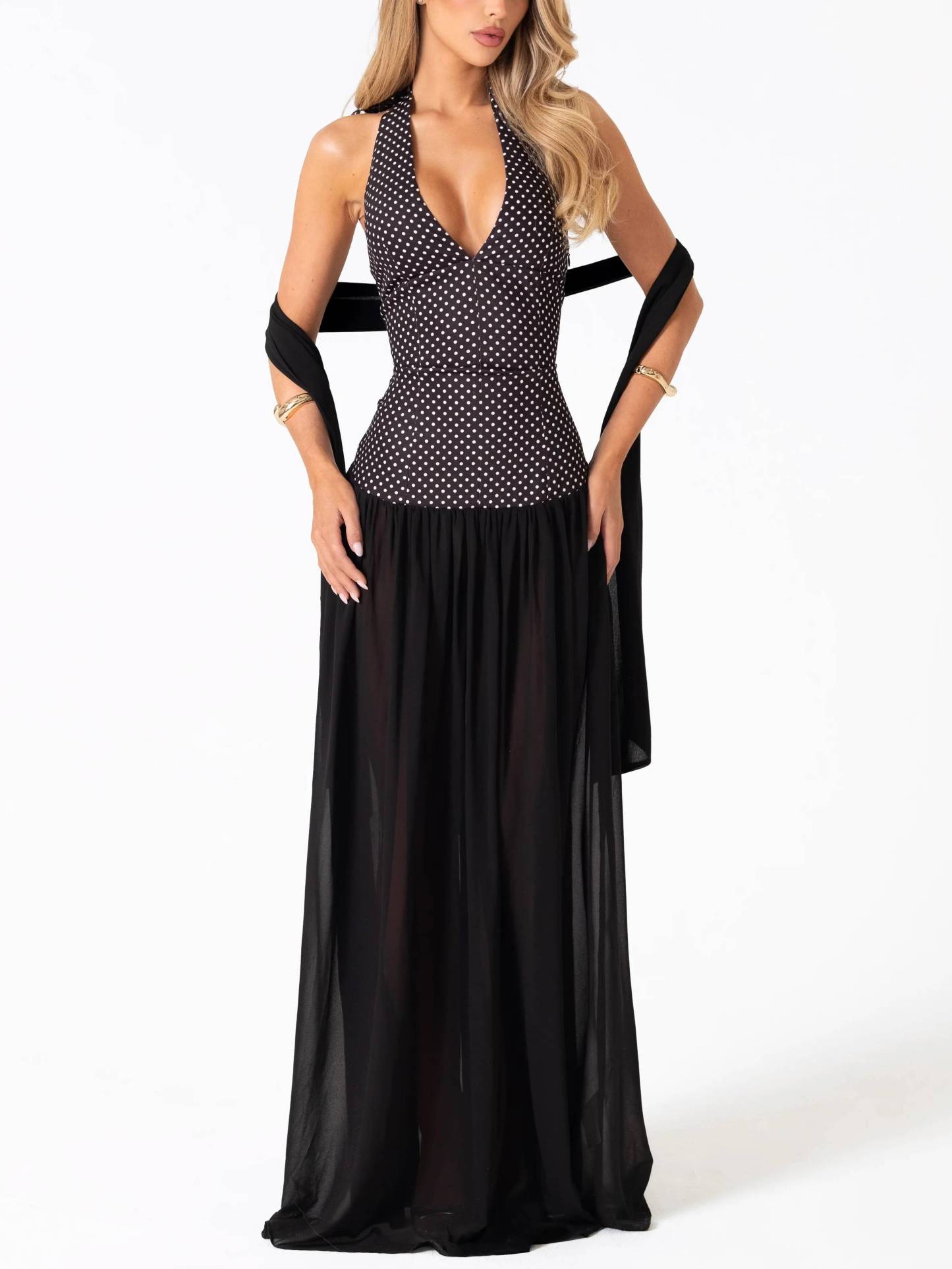 Retro Polka Dot Halter Neck Lace-up Scarf Maxi Dress