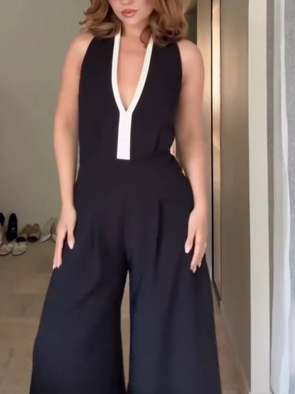 Deep V-neck Black And White Contrast Color Jumpsuit