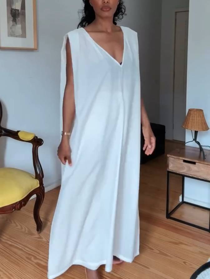 V-neck Loose Dress And Wide Leg Pants Suit (Belt Not Included)