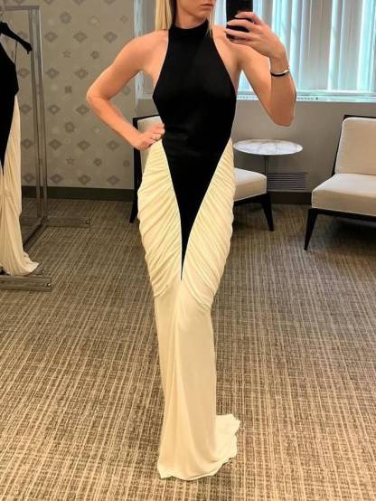 Unique Design Black And White Contrast Color Dress