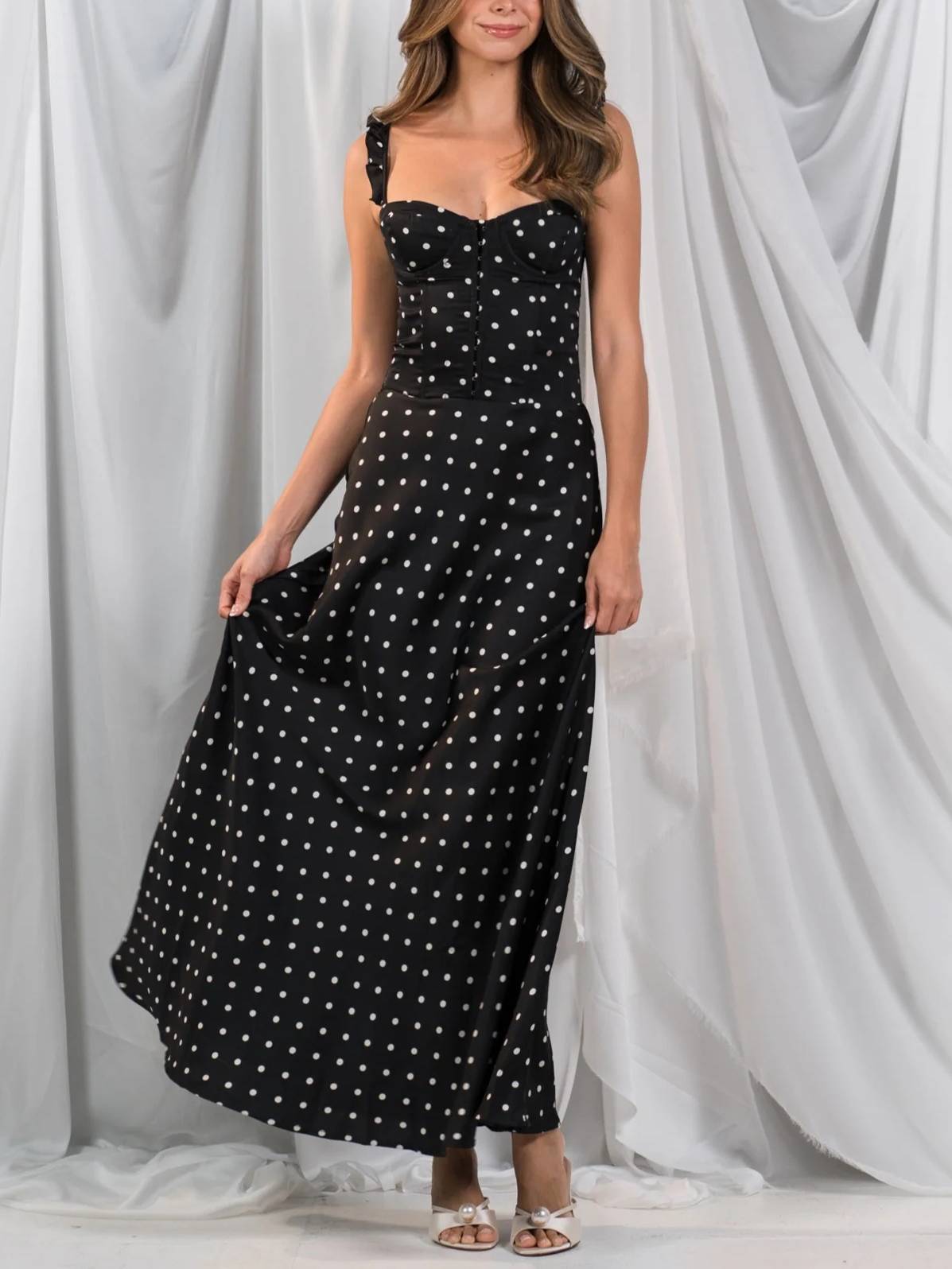 Retro Polka Dots Ruffled Sling A-line Maxi Dress