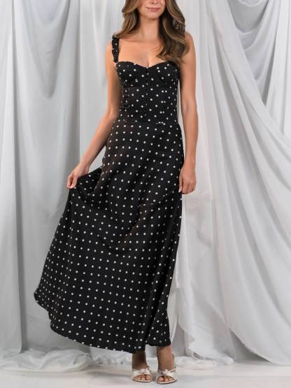 Retro Polka Dots Ruffled Sling A-line Maxi Dress