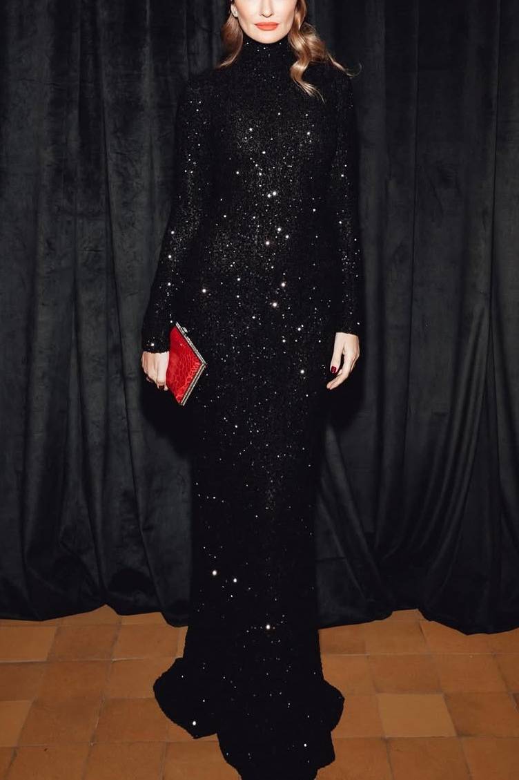 High-neck Shiny Slim-fit Maxi Dress