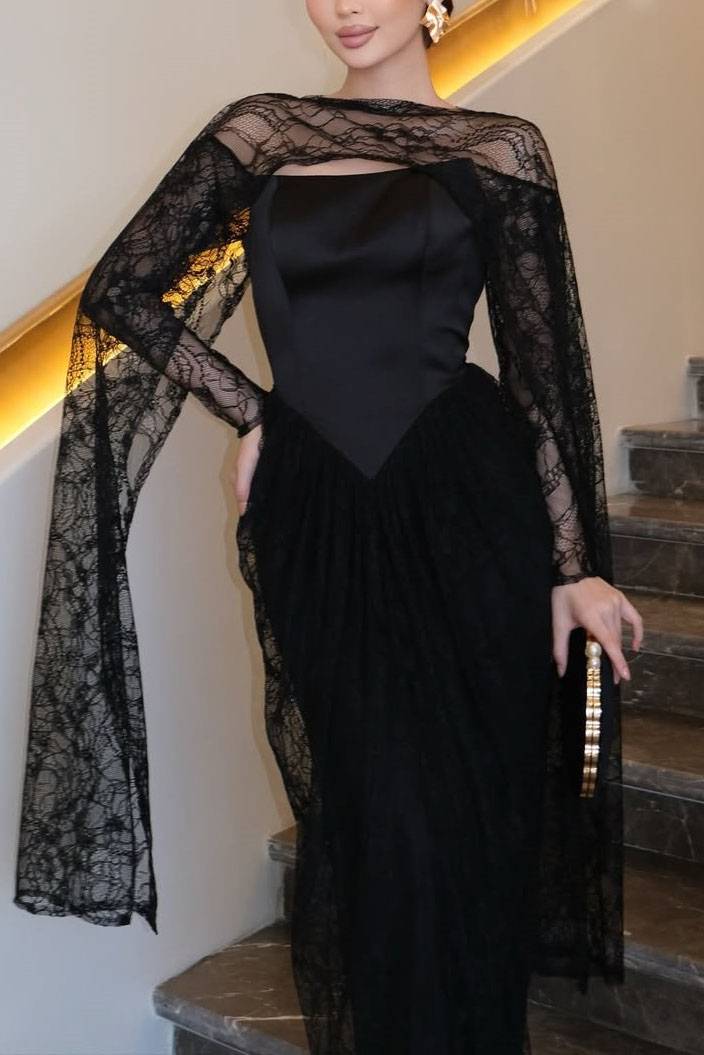 Lace Cape Off-shoulder Long Sleeve Maxi Dress