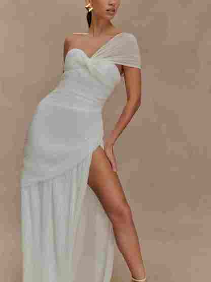 Off-shoulder Pleated Slit Maxi Dress