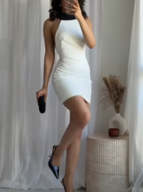 Contrast Color Neck Halter Mini Dress