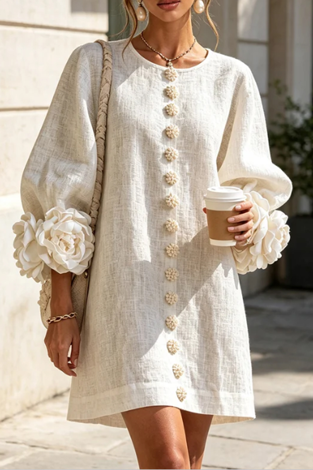 Three-dimensional Floral Cuffs, Puff Sleeves, Short Dress