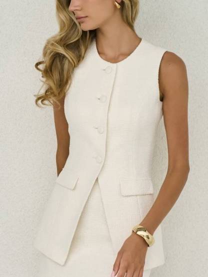Elegant Hem Slit Vest And Mini Overskirt Suit-Vest
