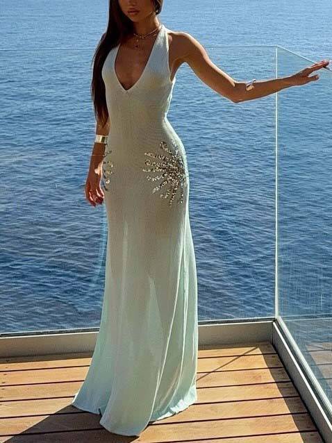 Sequined V-neck Backless Knit Maxi Dress