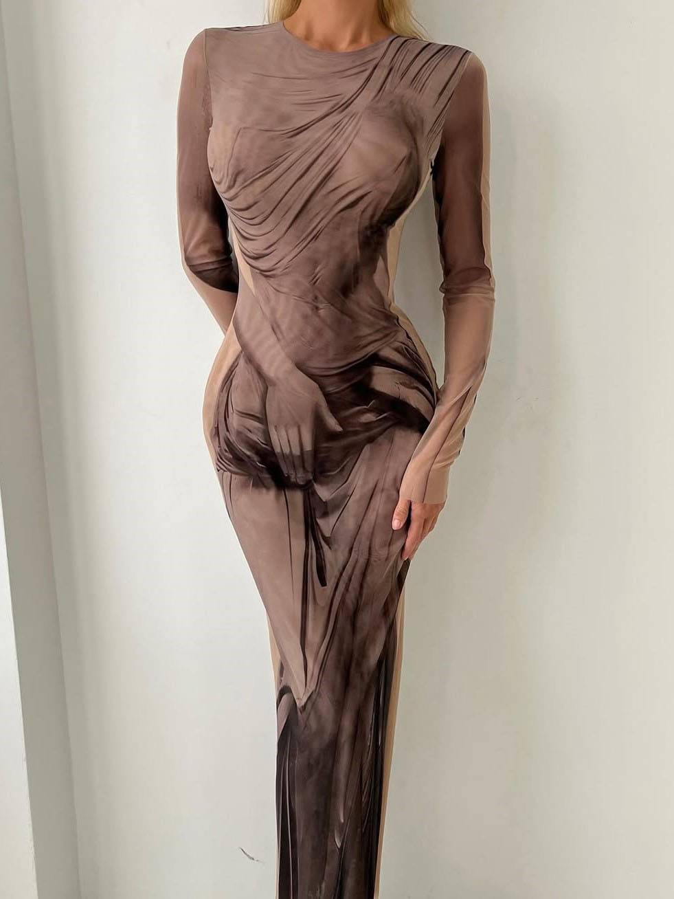 Printed Side Slit Long-Sleeved Maxi Dress