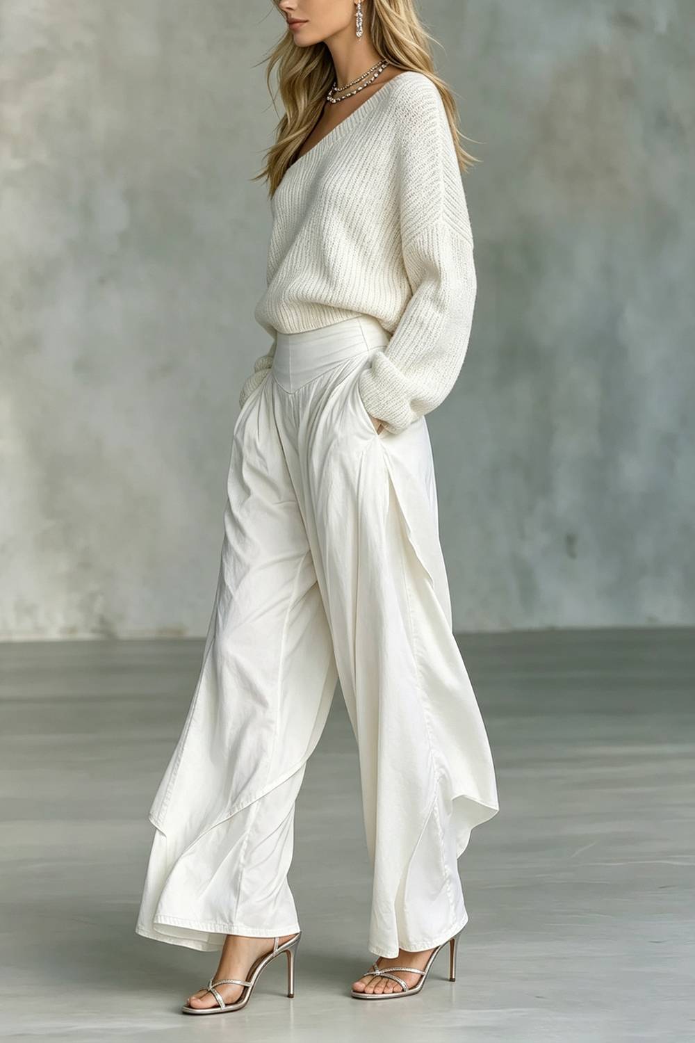 Off Shoulder Rib Knit Top & Layered Wide Leg Pants Two Piece Set